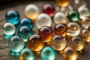 Colorful glass marbles on a the table. Selective focus. ai generative photo