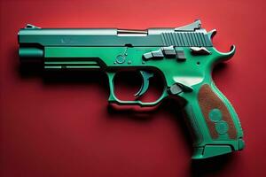 Semi-automatic handgun on a solid color background. Close-up. ai generative photo