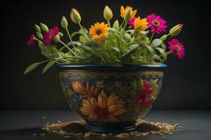 Flowers in a pot on a solid color background. ai generative photo