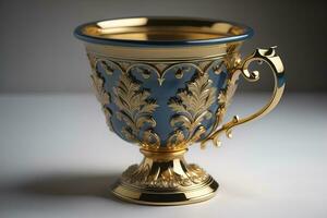 Golden trophy cup on wooden table. Award concept. ai generative photo