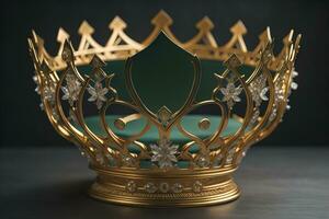 low key image of beautiful golden queen, king crown. ai generative photo