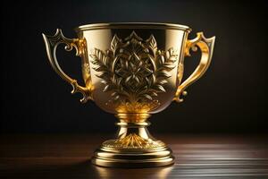 Golden trophy cup on wooden table. Award concept. ai generative photo