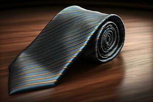 a necktie on a wooden background with reflection. ai generative photo