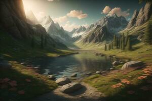 Beautiful fantasy landscape with a river in the mountains. ai generative photo