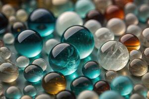 Colorful glass marbles on a the table. Selective focus. ai generative photo