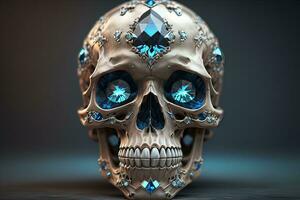 Skull with blue gemstones. ai generative photo