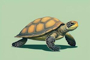 ilustración de un Tortuga en un verde antecedentes en dibujos animados estilo. ai generativo foto