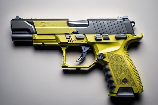 Semi-automatic handgun on a solid color background. Close-up. ai generative photo