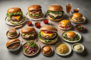 Hamburgers with french fries on wooden table, closeup. ai generative photo