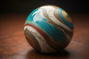 Colorful marble ball on a solid colour background. Close-up. ai generative photo