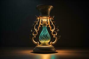 Lantern on a wooden table and a dark background. ai generative photo