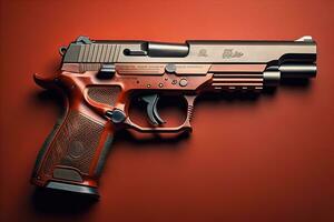 Semi-automatic handgun on a solid color background. Close-up. ai generative photo