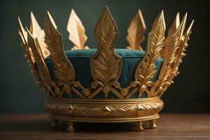 low key image of beautiful golden queen, king crown. ai generative photo