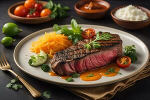 Sliced beef steak with parsley on a plate. ai generative photo