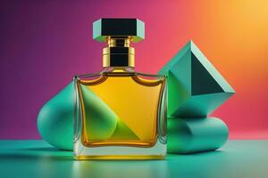 Creative and brandless Perfume bottle and flower on the wooden table, closeup. ai generative photo