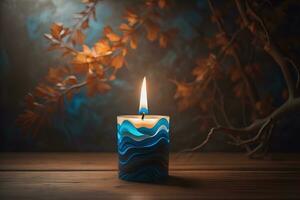 Burning aroma candle on wooden table against solid color background, copyspace. ai generative photo