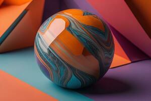 Colorful marble ball on a solid colour background. Close-up. ai generative photo