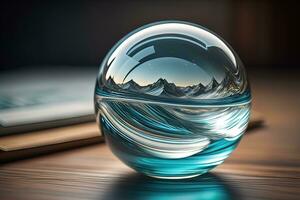 Transparent crystal ball on a wooden table. ai generative photo