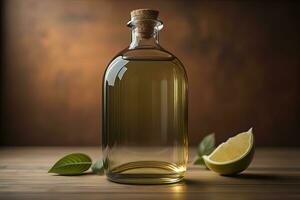 Bottle with a liquid on a solid color background. ai generative photo