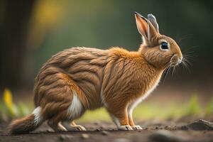 Rabbit in the mountains at sunset. Cute rabbit in the mountains. ai generative photo