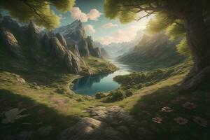 Beautiful fantasy landscape with a river in the mountains. ai generative photo