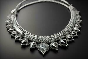 Silver necklace on a solid color background in close-up. ai generative photo