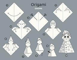 Gnome origami scheme tutorial moving model. Origami for kids. Step by step how to make a cute origami dwarf. Vector illustration.