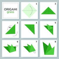 Grass origami scheme tutorial moving model. Origami for kids. Step by step how to make a cute origami plant. Vector illustration.