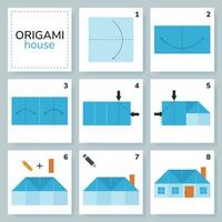 Small House origami scheme tutorial moving model. Origami for kids. Step by step how to make a cute origami house. Vector illustration.