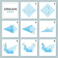 Swan origami scheme tutorial moving model. Origami for kids. Step by step how to make a cute origami bird. Vector illustration.