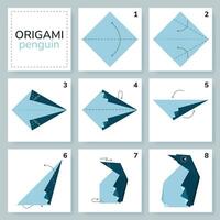 Penguin origami scheme tutorial moving model. Origami for kids. Step by step how to make a cute origami penguin. Vector illustration.