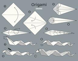 Snake origami scheme tutorial moving model. Origami for kids. Step by step how to make a cute origami reptile. Vector illustration.