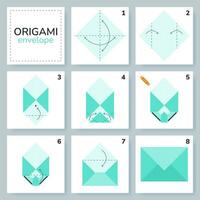 Envelope origami scheme tutorial moving model. Origami for kids. Step by step how to make a cute origami envelope. Vector illustration.