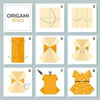 Dress origami scheme tutorial moving model. Origami for kids. Step by step how to make a cute origami cloth for women. Vector illustration.