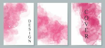 Modern watercolor background, banner or elegant card design for birthday invite, wedding or menu with abstract pink ink splashes. Collection of covers. Vector illustration.