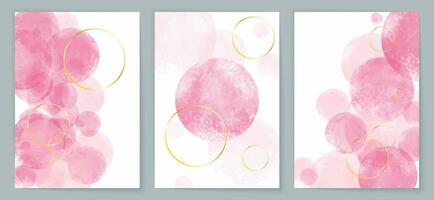 Modern watercolor background, banner or elegant card design for birthday invite, wedding or menu with abstract pink bubbles and golden circles. Collection of covers. Vector illustration.