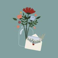 A flat vector hand drawn glass bottle with decorative floral design of flower, herbs and leaves with an open envelop. For cards, invitations, pin stickers, scrapbook