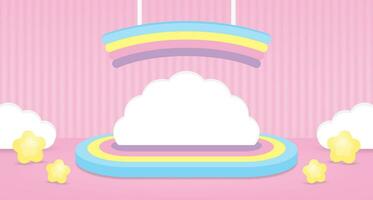 cute kawaii colorful podium display with white cloud backdrop and hanging rainbow sign on pink wall and floor 3d illustration vector for putting product or object
