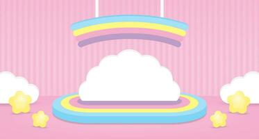 cute kawaii colorful podium display with white cloud backdrop and hanging rainbow sign on pink wall and floor 3d illustration vector for putting product or object