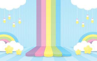 cute kawaii sweet colorful rainbow with cloud backdrop display stage on pastel blue floor and wall 3d illustration vector for putting product or object