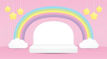 white minimal stage display with sweet colorful pastel rainbow arch and hanging stars on pink wall and floor background 3d illustration vector for putting product or object