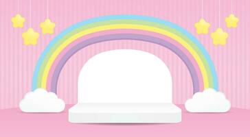 blanco mínimo etapa monitor con dulce vistoso pastel arco iris arco y colgando estrellas en rosado pared y piso antecedentes 3d ilustración vector para poniendo producto o objeto