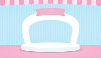 linda blanco arco y podio monitor con rosado toldo y dulce pastel pared y piso 3d ilustración vector para poniendo producto o objeto