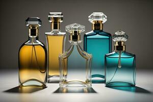 Creative and brandless Perfume bottle and flower on the wooden table, closeup. ai generative photo