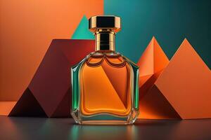 Creative and brandless Perfume bottle and flower on the wooden table, closeup. ai generative photo