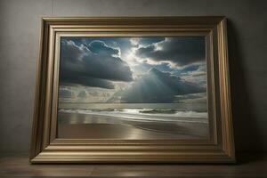 Glass picture frame on a solid color background. ai generative photo