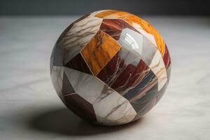 Colorful marble ball on a solid colour background. Close-up. ai generative photo