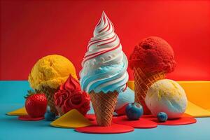 Ice cream in waffle cone on blue background, top view, flat lay. ai generative photo