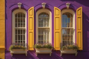 vistoso ventanas de un típico casa en el ciudad, ai generativo foto