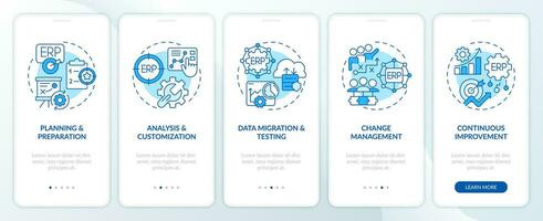 2D icons representing enterprise resource planning mobile app screen set. Walkthrough 5 steps graphic instructions with blue linear icons concept, UI, UX, GUI template. vector